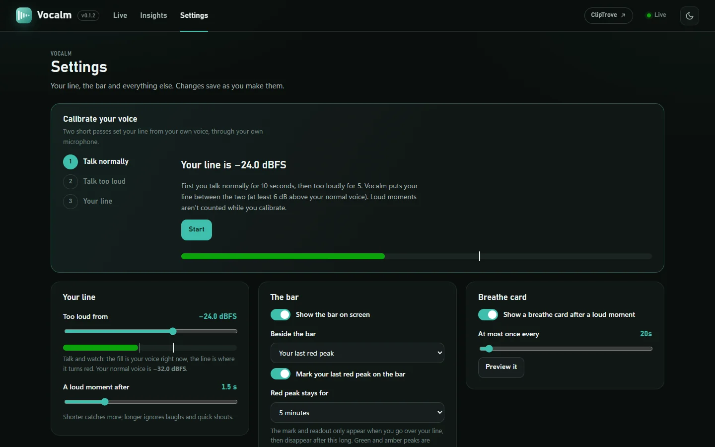 Settings: calibrate your voice, your line and the bar